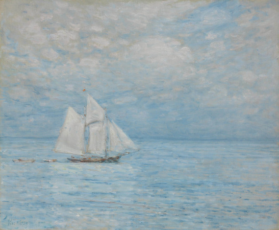 Обои картинки фото sailing on calm seas, рисованное, frederick childe hassam, небо, облака, море, парусник, корабль