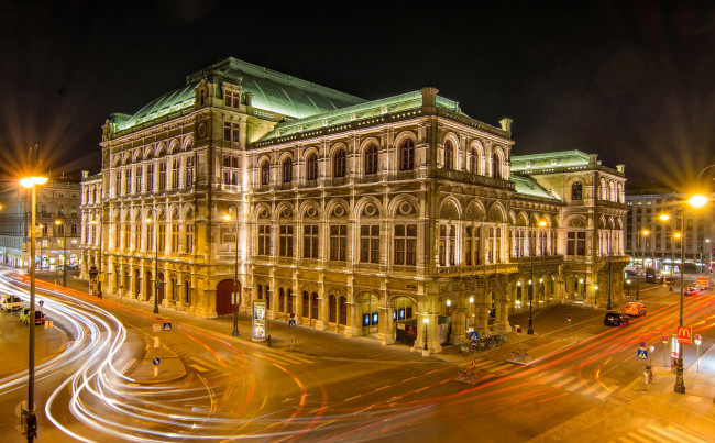 Обои картинки фото vienna opera, города, вена , австрия, здание, опера, огни, ночь