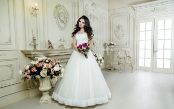 Картинка девушки -+невесты свадебное платье локоны брюнетка невеста букеты