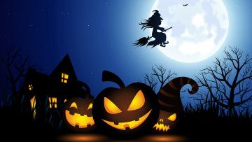 обоя праздничные, хэллоуин, ведьма, метла, луна, тыквы, дом