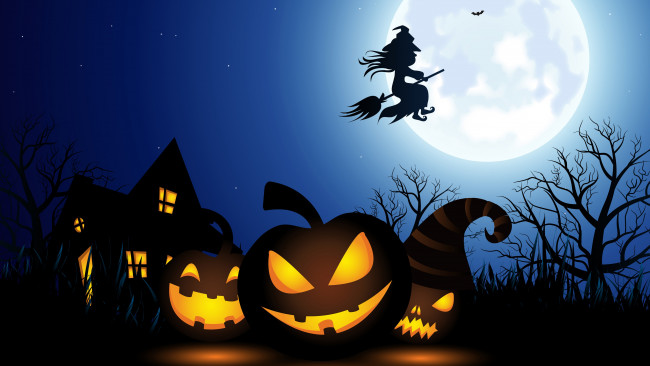 Обои картинки фото праздничные, хэллоуин, ведьма, метла, луна, тыквы, дом