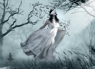 Картинка фэнтези девушки платье лес птицы повязка