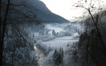 Картинка природа зима горы река деревья
