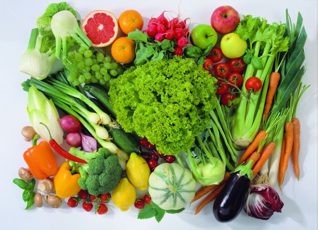 Обои картинки фото еда, фрукты, овощи, вместе, изобилие, натюрморт, томаты, помидоры, лимон, капуста, перец, зелень