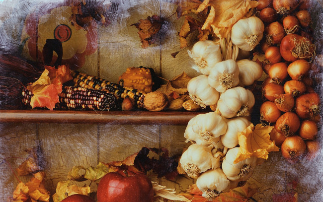 Обои картинки фото еда, овощи, кукуруза, орехи, чеснок, лук