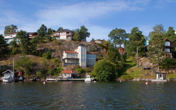 Картинка швеция   города пейзаж река дома