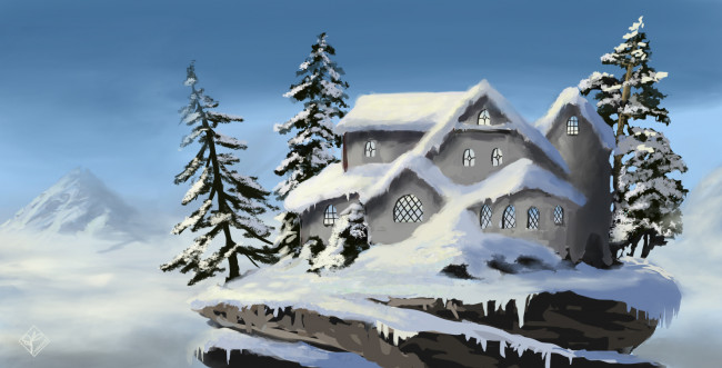Обои картинки фото рисованные, природа, горы, домик, хижина, скалы, снег, ели