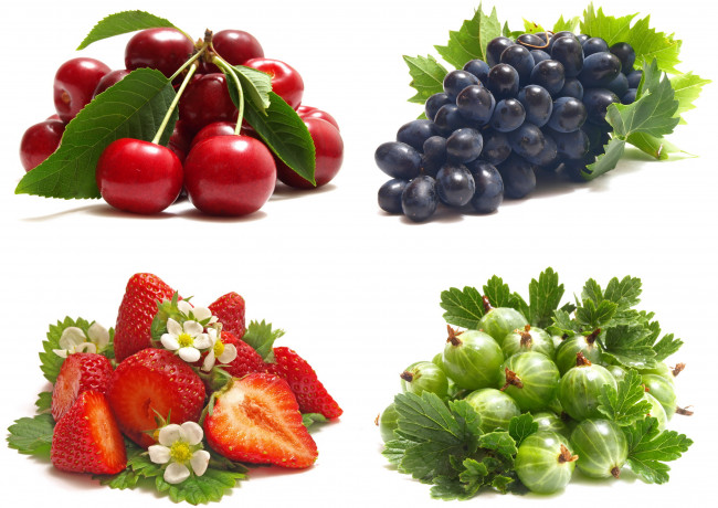 Обои картинки фото еда, фрукты, ягоды, крыжовник, виноград, вишня, клубника
