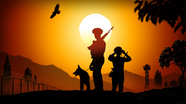 Обои картинки фото оружие, армия, спецназ, горы, пограничник, собака, птица, застава, солнце, закат, вышка, дозор, полоса