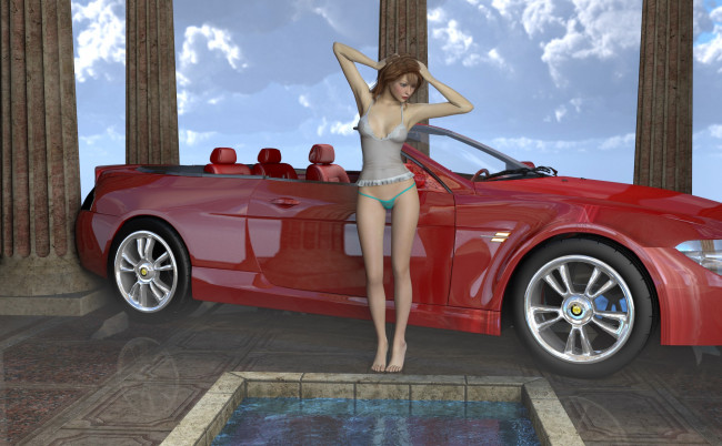 Обои картинки фото автомобили, 3d car&girl, автомобиль, фон, девушка, взгляд
