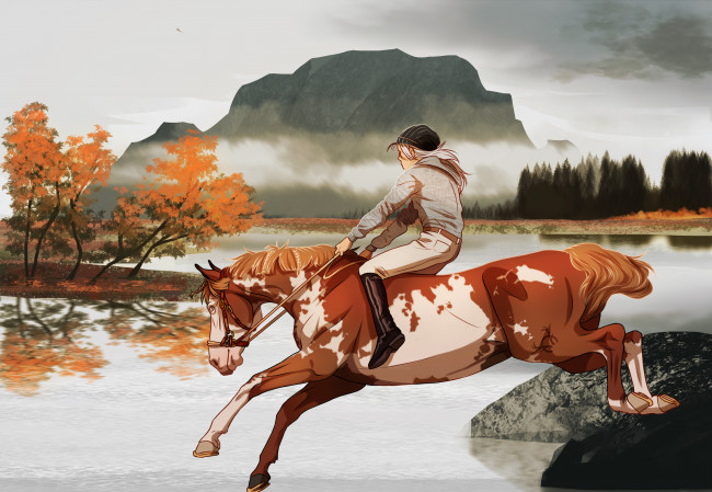 Обои картинки фото рисованное, животные,  лошади, горы, река, наездник, лошадь