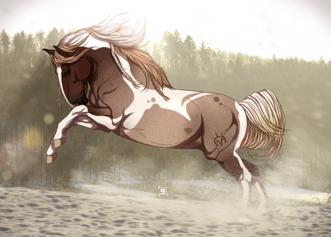 Обои картинки фото рисованное, животные,  лошади, фон, лошадь