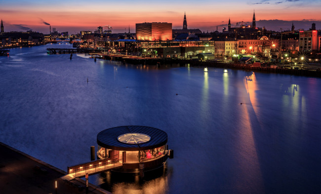 Обои картинки фото города, копенгаген , дания, река, огни, вечер