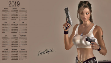 обоя календари, видеоигры, оружие, взгляд, пистолет, девушка