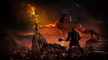 Картинка 3д+графика фантазия+ fantasy девушка крест распятие демон мужчина рога фон