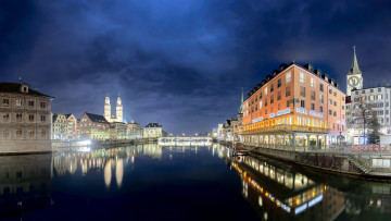 Картинка города цюрих+ швейцария огни вечер канал набережная