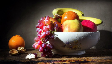 Картинка еда фрукты +ягоды банан апельсин виноград