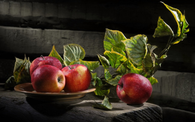 Обои картинки фото еда, яблоки, листья, миска