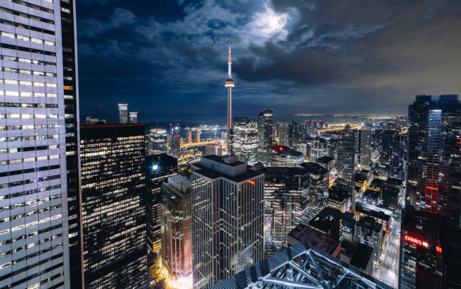 Обои картинки фото города, торонто , канада, панорама, вечер, огни