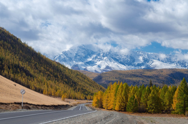 Обои картинки фото горный алтай, природа, дороги, облака, осень, деревья, дорога, горы, россия, алтай, горный
