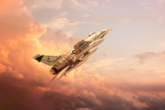 Обои картинки фото north american f-100 super sabre, авиация, 3д, рисованые, v-graphic, истребитель, перехватчик, сверхзвуковой, одномоторный, военные, самолеты, транспортные, средства, рисунок