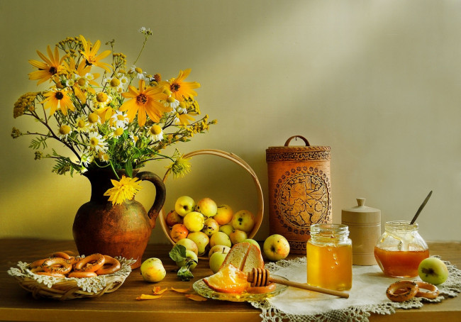 Обои картинки фото еда, натюрморт, сушки, яблоки, букет, мед