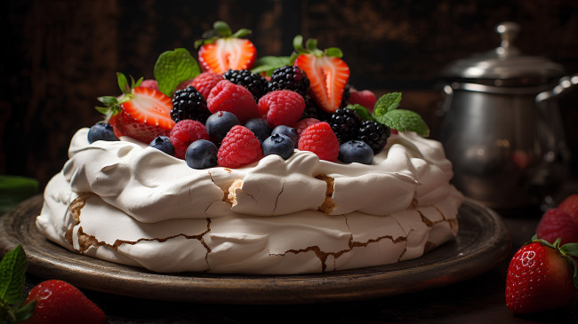 Обои картинки фото еда, торты, ягоды, малина, клубника, ежевика, черника, торт, безе