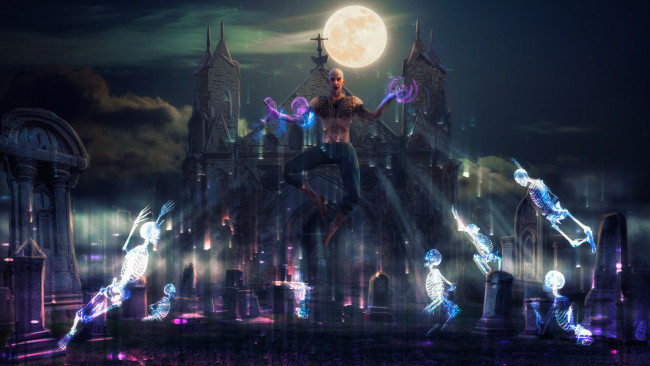 Обои картинки фото 3д графика, фантазия , fantasy, луна, призрачные, скелеты, маг