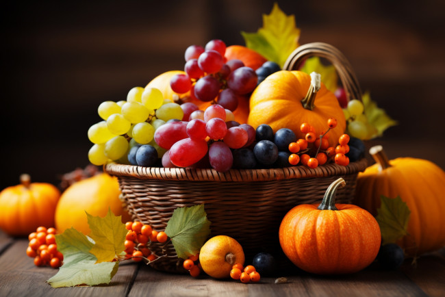 Обои картинки фото еда, фрукты и овощи вместе, корзинка, кленовые, листья, виноград, тыквы, ягоды