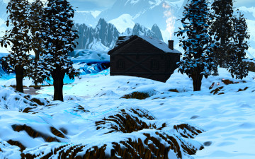 Картинка 3д графика nature landscape природа снег деревья горы дом