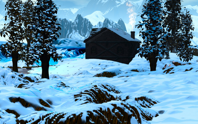 Обои картинки фото 3д, графика, nature, landscape, природа, снег, деревья, горы, дом