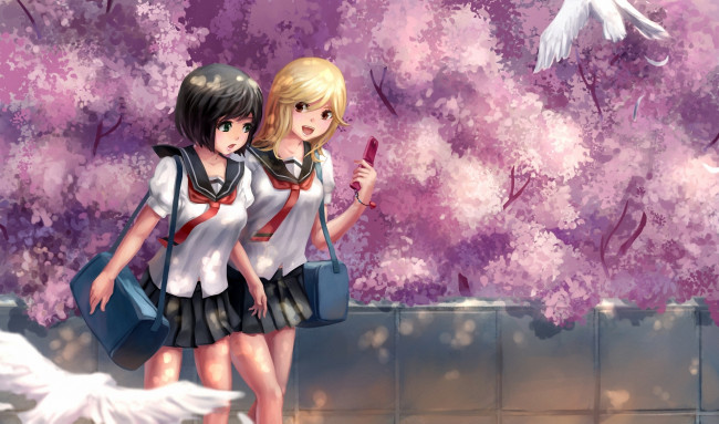 Обои картинки фото аниме, *unknown, другое, oohashi, akiko, kumakura, mariko, девочки, сакура, школьницы, птицы, girl, friends, naoki, yukira