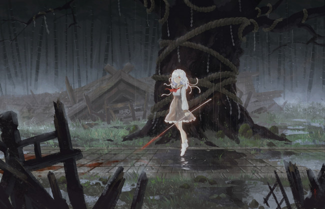 Обои картинки фото аниме, bakemonogatari, оружие, sengoku nadeko, демон, девушка, руины, дождь, развалины, вода