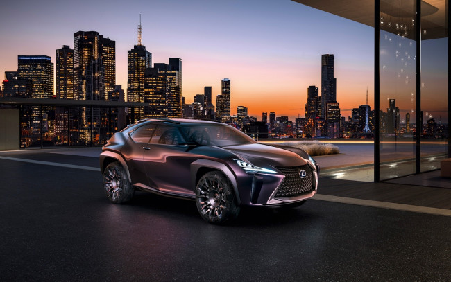 Обои картинки фото автомобили, lexus, ux, concept, город, здания, дома, лексус, темный, огни