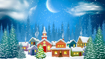 Картинка праздничные векторная+графика+ новый+год дома снежинки снег деревья