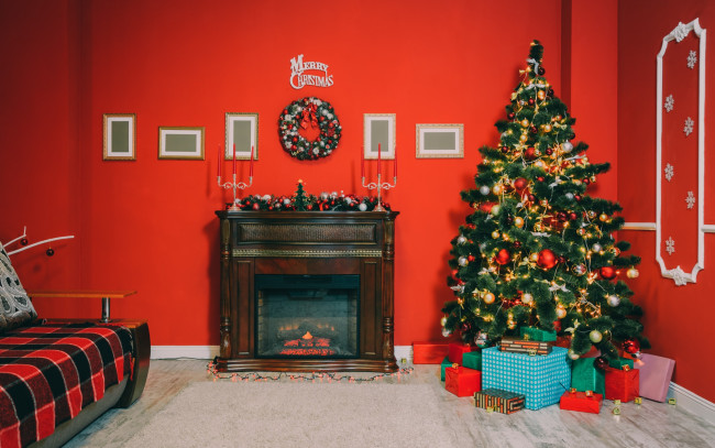 Обои картинки фото праздничные, новогодний очаг, новый, год, gifts, елка, подарки, home, interior, украшения, holiday, celebration, игрушки, design, merry, christmas, камин, tree, рождество, decoration