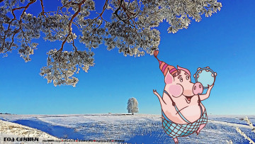 Картинка календари праздники +салюты дерево поросенок бубен шапка снег