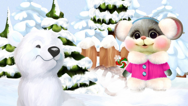 Обои картинки фото праздничные, векторная графика , новый год, лес, снег, зайчик, медвежонок