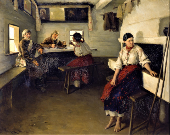 Обои картинки фото рисованное, николай пимоненко, изба, сваты, девушка, печь