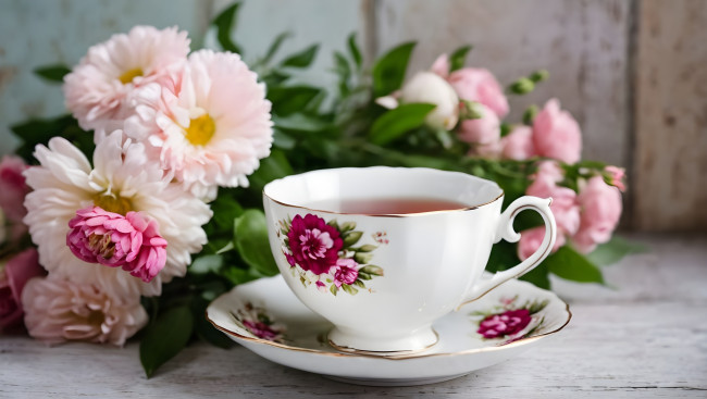 Обои картинки фото еда, напитки,  чай, цветы, чай, чашка, блюдце