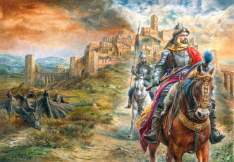 Картинка олег юдин фэнтези всадники наездники дракон лошади город