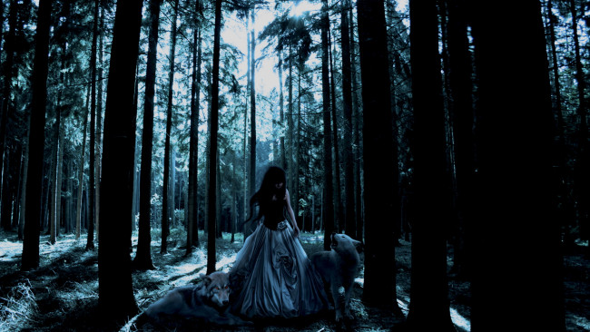 Обои картинки фото фэнтези, красавицы, чудовища, волки, лес, девушка