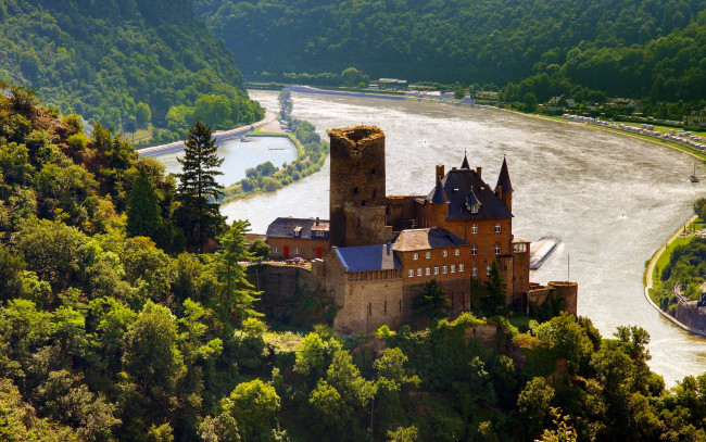 Обои картинки фото castle, katz, germany, города, дворцы, замки, крепости, замок, лес, река