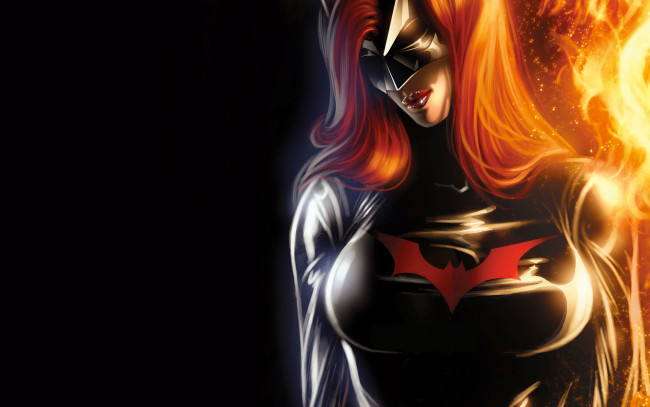 Обои картинки фото фэнтези, девушки, batwoman, герой, грудь, эмблема, рыжая, знак