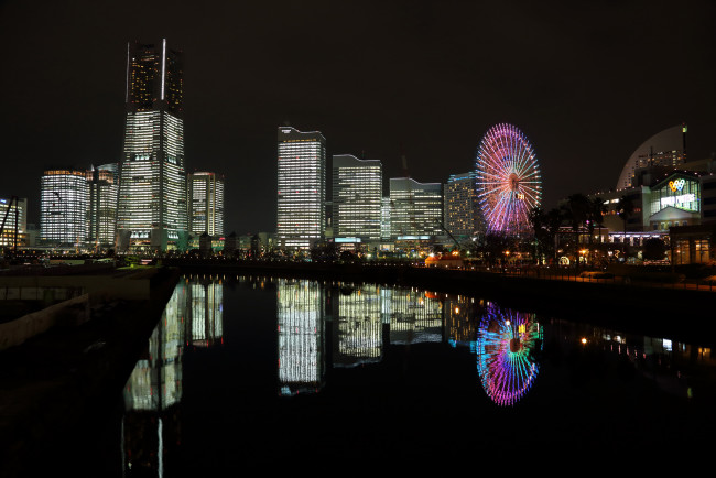Обои картинки фото yokohama  Япония, города, йокогама , Япония, yokohama, япония, ночь, огни, река, дома
