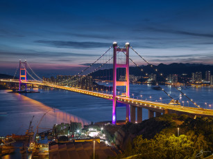 Картинка города -+мосты мост море ночь освещение огни сянган гонконг