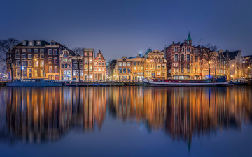 обоя города, амстердам , нидерланды, отражение, канал, amsterdam, дома