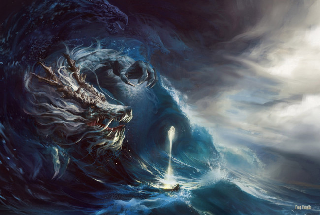 Обои картинки фото фэнтези, драконы, магия, душа, лодка, шторм, существа, дракон, волны, море, арт
