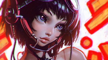 Картинка аниме оружие +техника +технологии девушка красота взгляд арт лицо глаза наушники