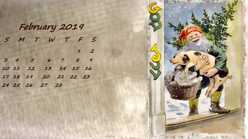 обоя календари, праздники,  салюты, елка, поросенок, корзина, свинья, гном